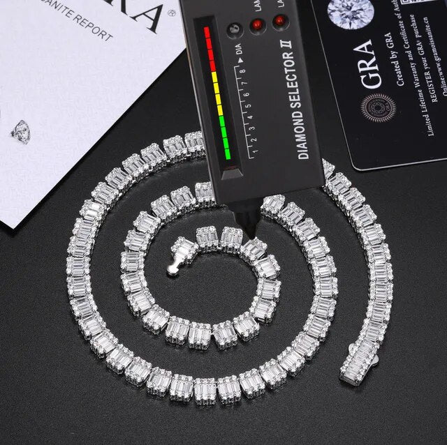 Hip Hop Luxury Square Baguette Solid Silver Moissanite VVS Diamond Tennis Chain Bracelet Set