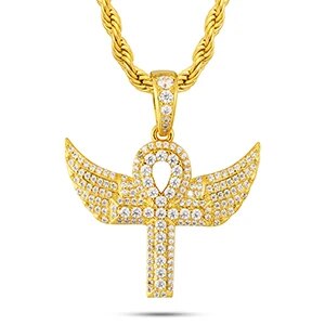 18k Gold 925 Silver Angel Wings Original Ankh Cross Hip Hop Pendant Necklace
