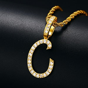 18k Gold 925 Silver Capital Letter Initial Iced Blinged Out Alphabet Pendant Chain Necklaces