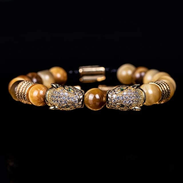 Men's No Fade Stainless Steel Double Leopard Head Tiger's Eye Street Wear Bracelets