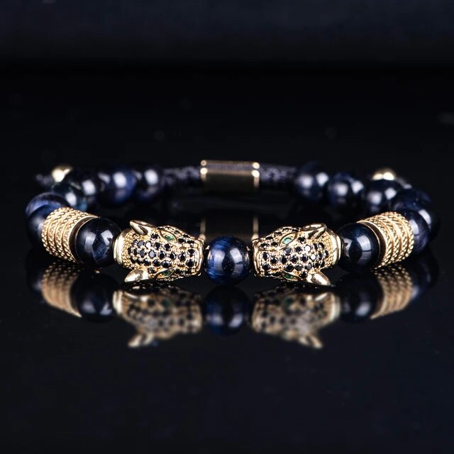 Men's No Fade Stainless Steel Double Leopard Head Tiger's Eye Street Wear Bracelets