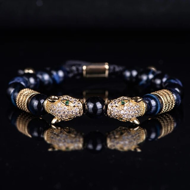 Men's No Fade Stainless Steel Double Leopard Head Tiger's Eye Street Wear Bracelets