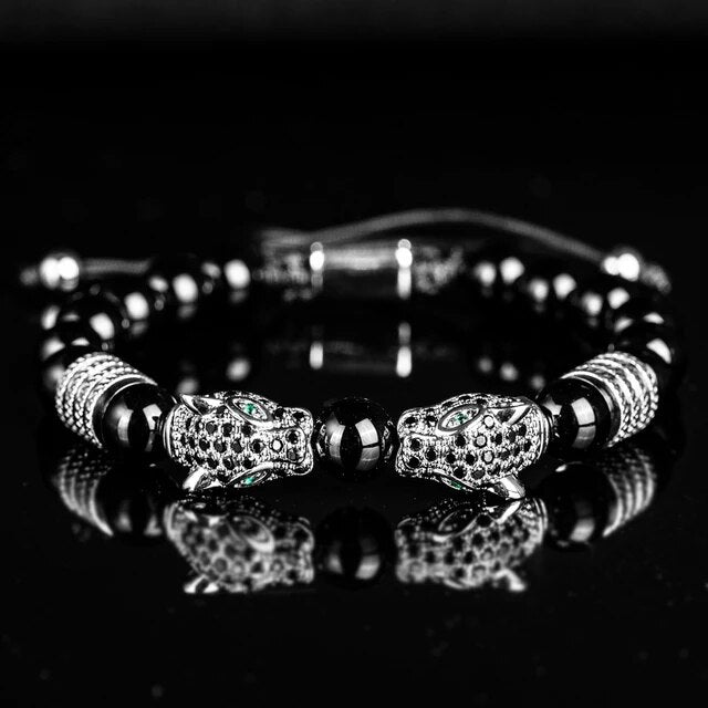 Men's No Fade Stainless Steel Double Leopard Head Tiger's Eye Street Wear Bracelets
