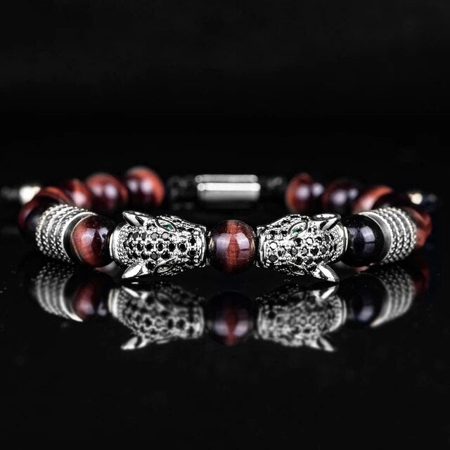 Men's No Fade Stainless Steel Double Leopard Head Tiger's Eye Street Wear Bracelets