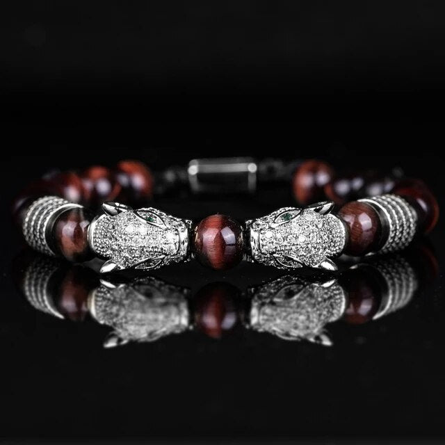 Men's No Fade Stainless Steel Double Leopard Head Tiger's Eye Street Wear Bracelets