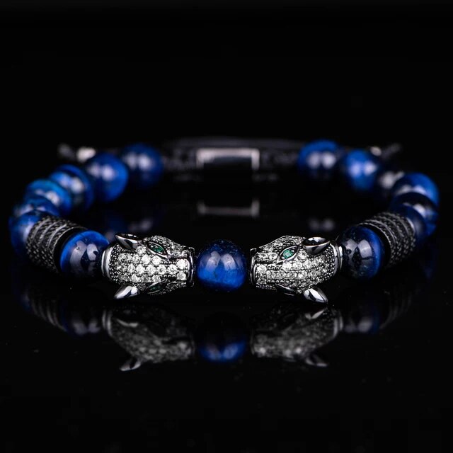 Men's No Fade Stainless Steel Double Leopard Head Tiger's Eye Street Wear Bracelets