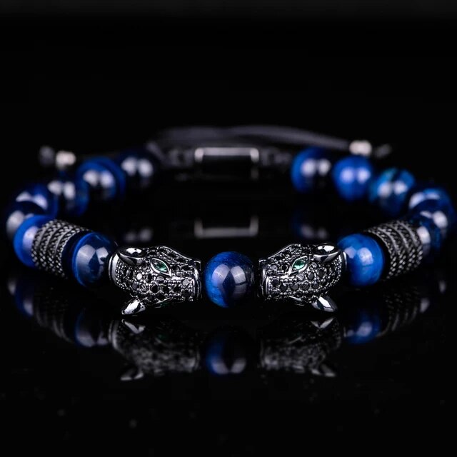Men's No Fade Stainless Steel Double Leopard Head Tiger's Eye Street Wear Bracelets