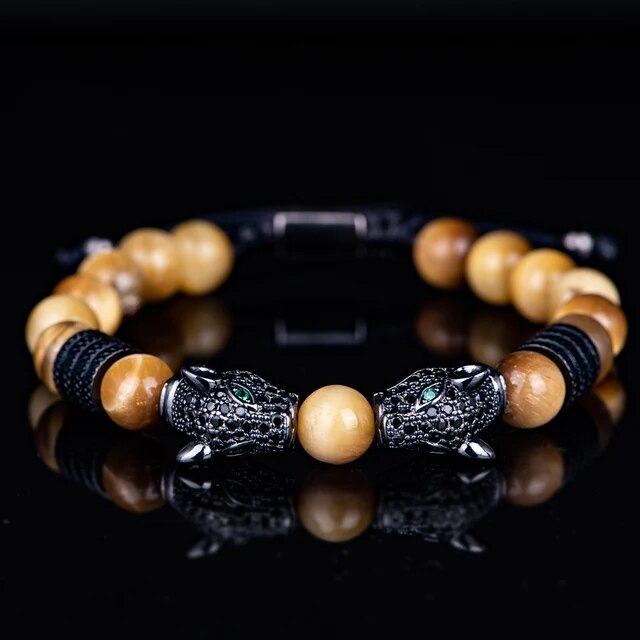 Men's No Fade Stainless Steel Double Leopard Head Tiger's Eye Street Wear Bracelets