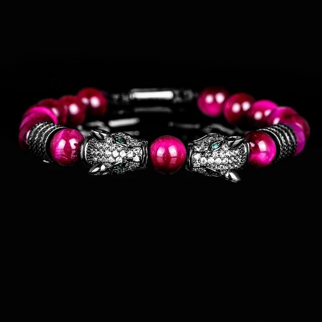 Men's No Fade Stainless Steel Double Leopard Head Tiger's Eye Street Wear Bracelets