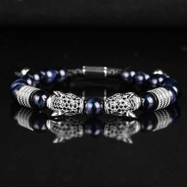 Men's No Fade Stainless Steel Double Leopard Head Tiger's Eye Street Wear Bracelets