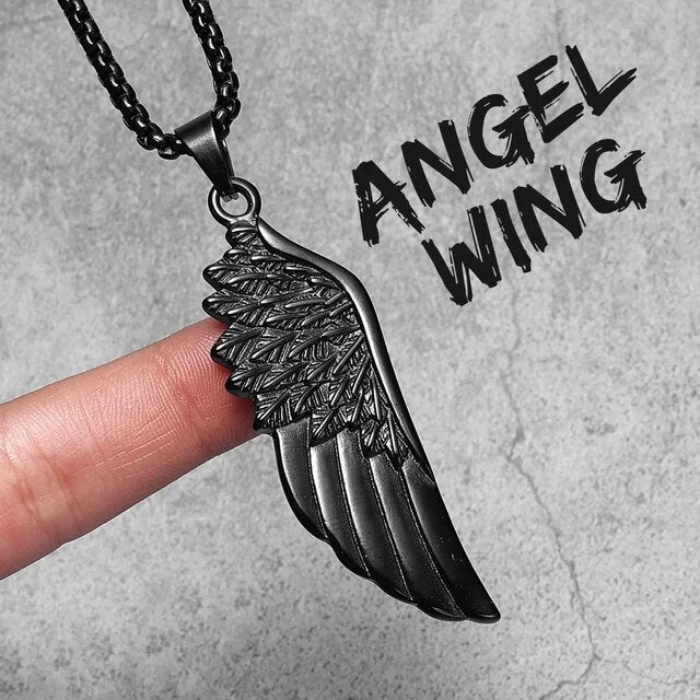 Mens Solid Stainless Steel Large Angel Wing No Fade Hip Hop Street Wear Pendant Necklace