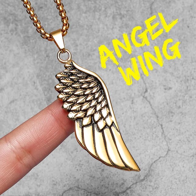 Mens Solid Stainless Steel Large Angel Wing No Fade Hip Hop Street Wear Pendant Necklace