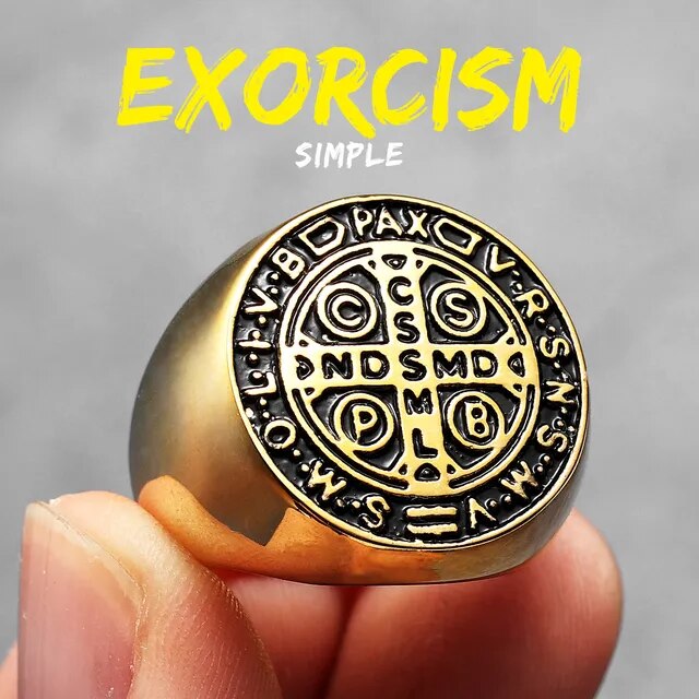 Mens 14k Gold Over No Fade Stainless Steel Saint Benedict Exorcism Street Wear Rings