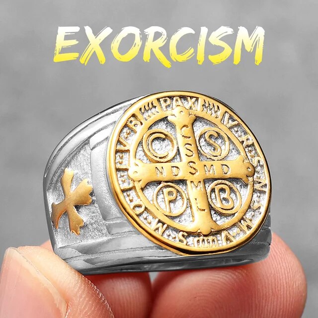 Mens 14k Gold Over No Fade Stainless Steel Saint Benedict Exorcism Street Wear Rings