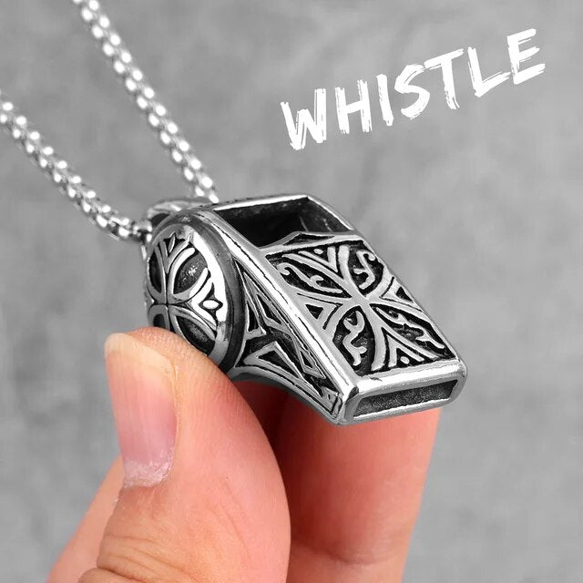Mens Solid Stainless Steel No Fade Street Wear Referee Whistle Pendant Chain Necklace
