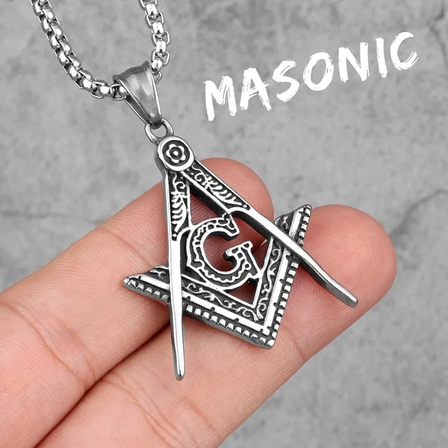 Mens Stainless Steel Free Mason Compass Square Hip Hop Street Wear Pendants
