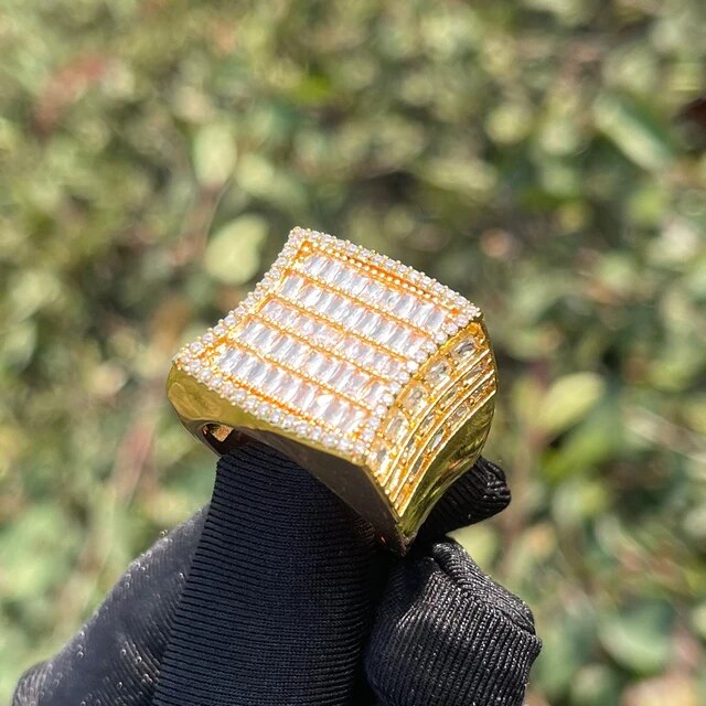 Mens 24k 925 Silver Rose Gold All Iced Baguette Blinged Out Hip Hop Rings