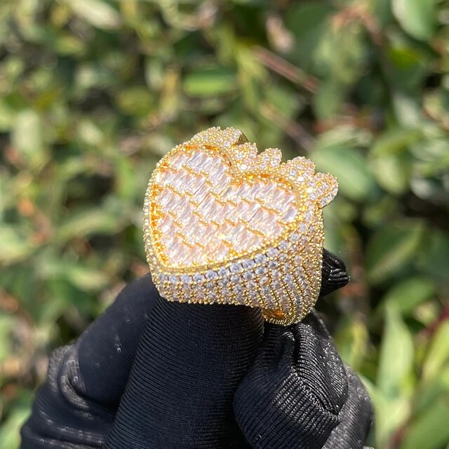 24k Rose Gold 925 Silver Waves Of Love Crashing Heart Baguette Iced Rings