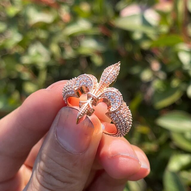 24k Gold 925 Silver Fleur De Lys Prong Set Hip Hop Street Wear Rings