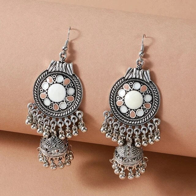 Colorful Bell Tassel Drop Dangle Antique Look Gypsy Jhumka Fashion Silver Earrings