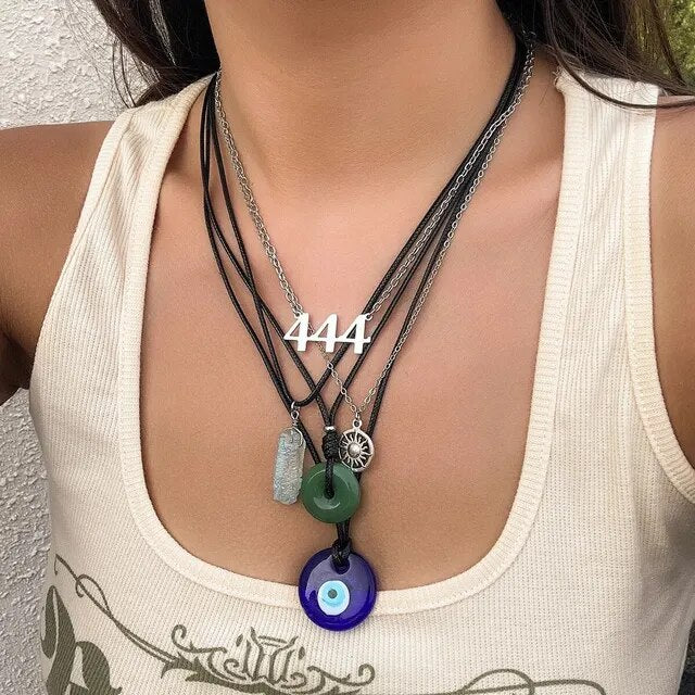 5 Piece Ladies Blue Turkish Luck Eye Peace Buckle Vintage Stone Leather Boho Necklace Set