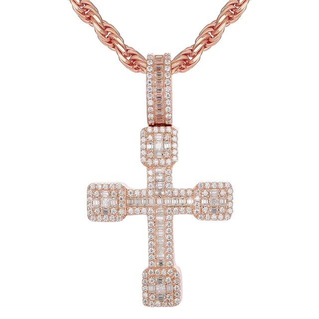 Mens Baguette Diamond Block Cross 925 Sterling Silver Hip Hop Pendant