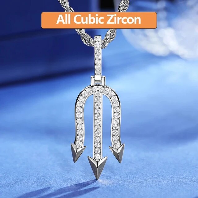 Mens Solid 925 Sterling Silver Nordic Poseidon Trident Iced VVS Diamond Pendant