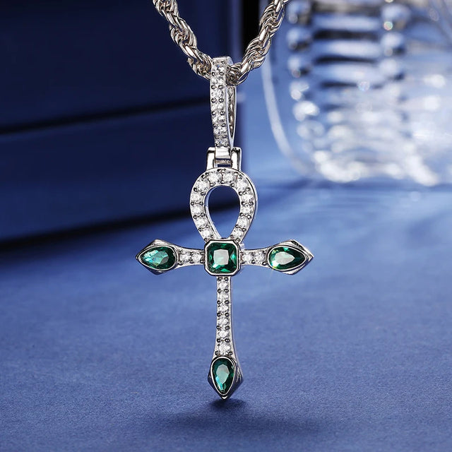 Iced Genuine Moissanite Diamond Solid 925 CZ Emerald Ancient African Ankh Cross Pendant