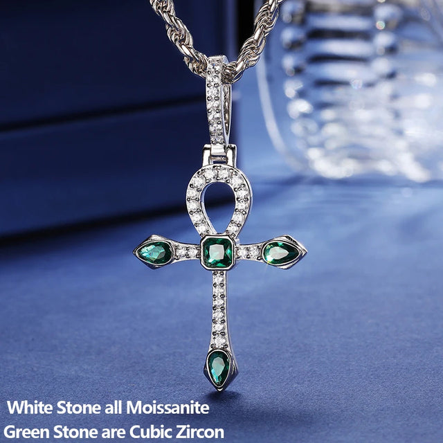 Iced Genuine Moissanite Diamond Solid 925 CZ Emerald Ancient African Ankh Cross Pendant