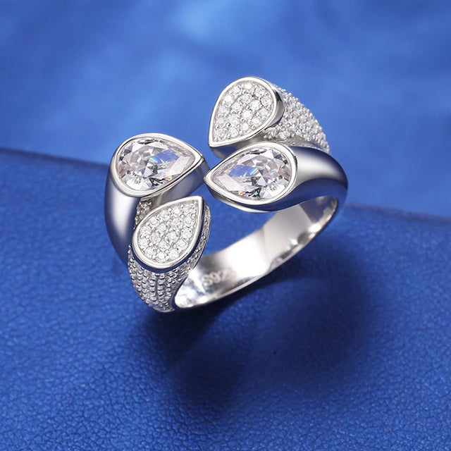 Solid 925 Sterling Silver Luck Four Leaf Clover Moissanite Diamond Iced Rings