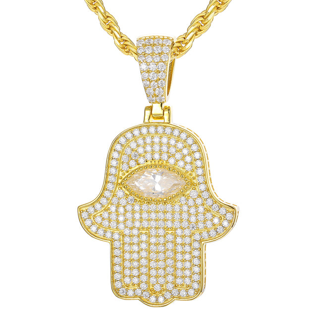 Hamsa Eye | VVS Moissanite Diamond Sterling Silver Hamsa Hand Of Protection Iced Pendant