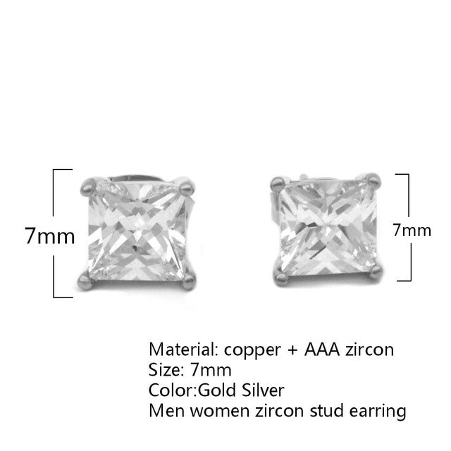 7mm AAA Square Princess Cut Bling CZ 24k 925 Silver Copper Base Hip Hop Earrings