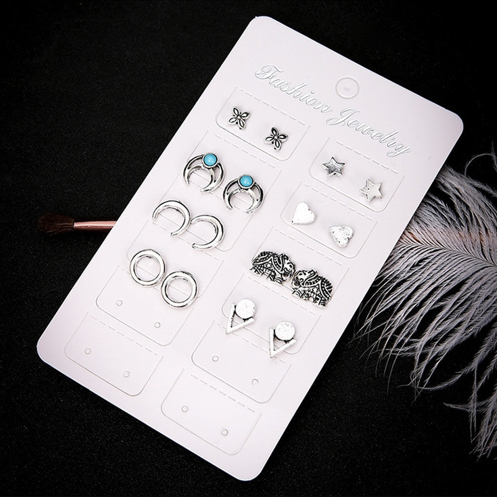 Ladies Bohemian Fashion Stars Heart Triangle Carved Silver Earrings Jewely Set