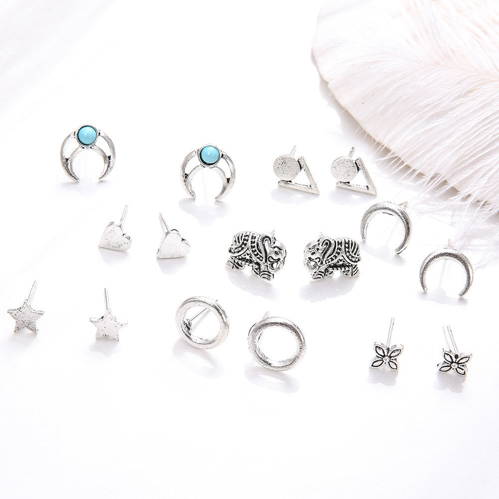 Ladies Bohemian Fashion Stars Heart Triangle Carved Silver Earrings Jewely Set