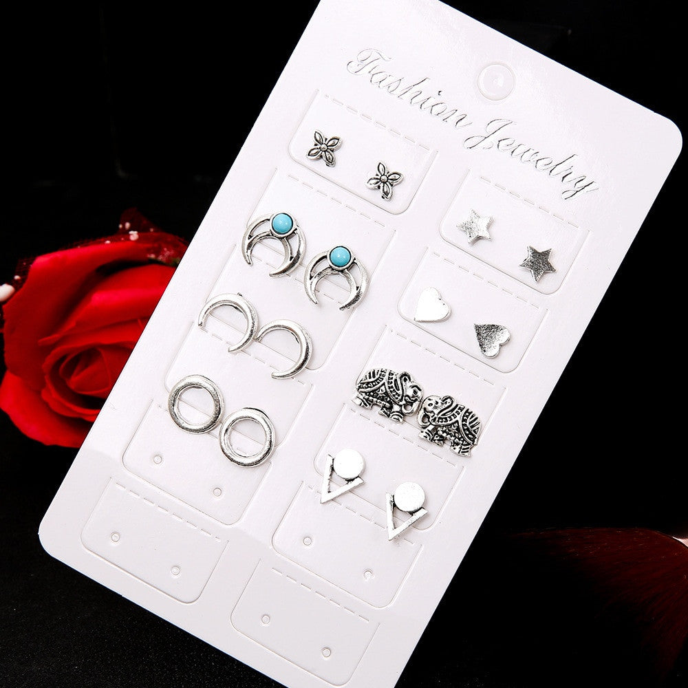 Ladies Bohemian Fashion Stars Heart Triangle Carved Silver Earrings Jewely Set