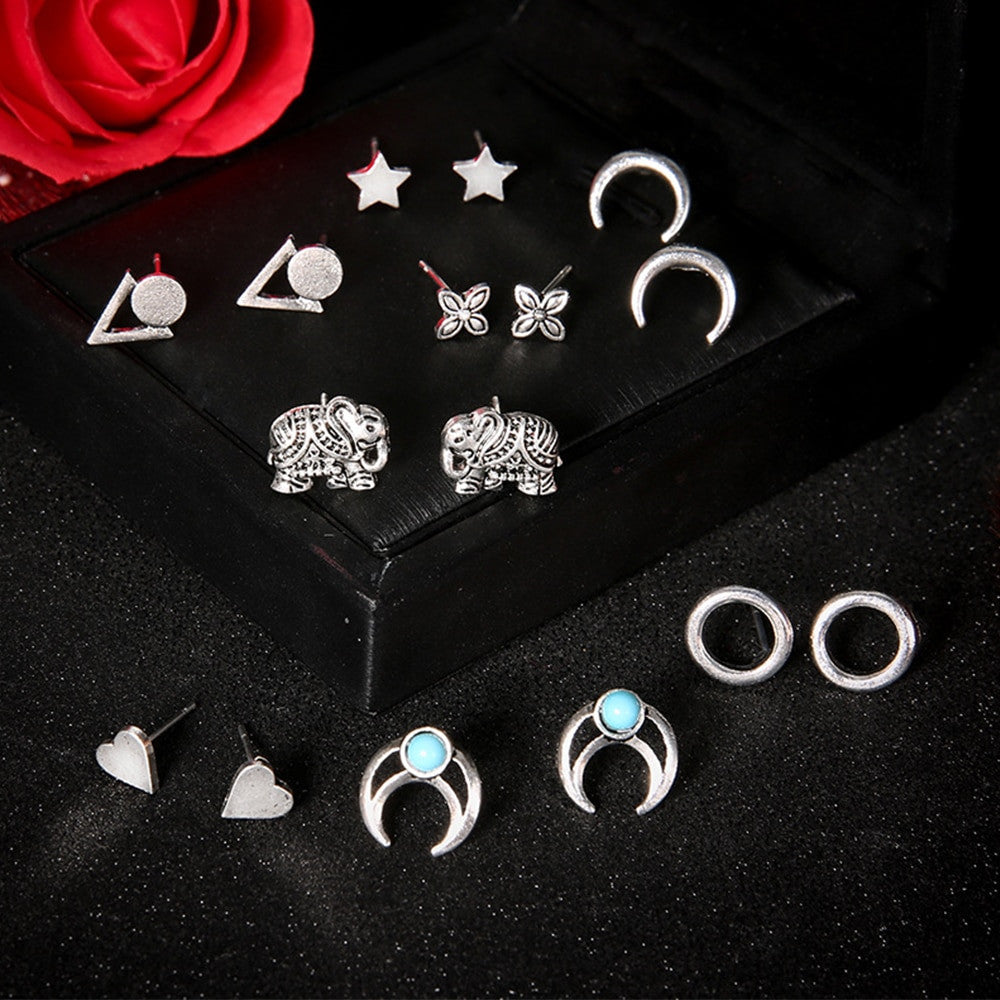 Ladies Bohemian Fashion Stars Heart Triangle Carved Silver Earrings Jewely Set