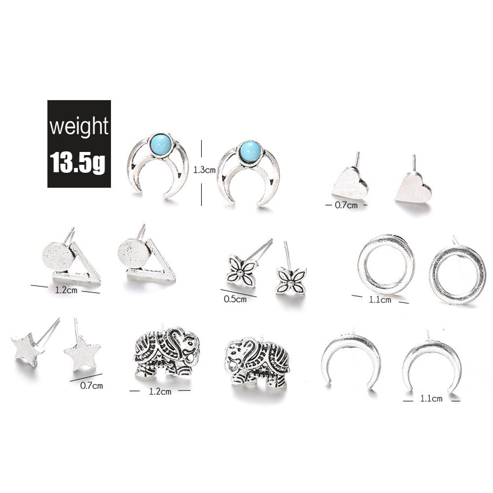 Ladies Bohemian Fashion Stars Heart Triangle Carved Silver Earrings Jewely Set