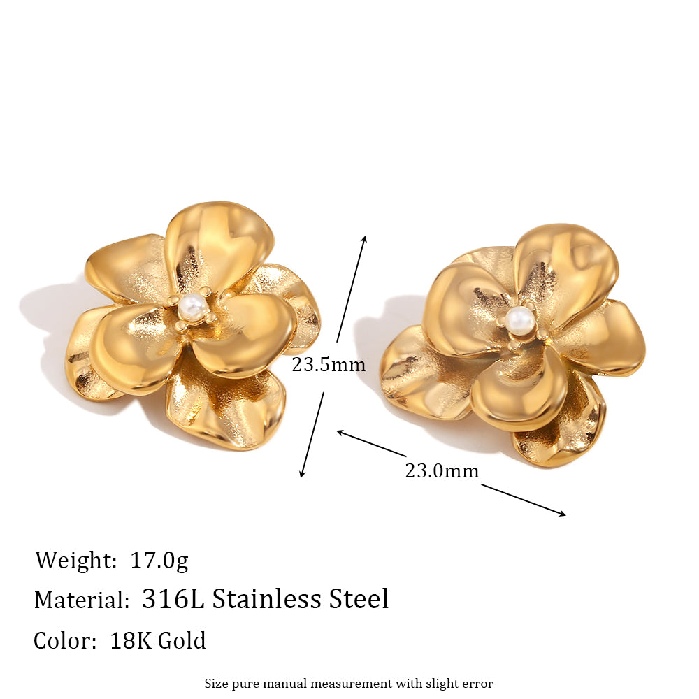 Layered Rose Petal | Center Pearl 18k Gold over No Fade Stainless Steel Earrings