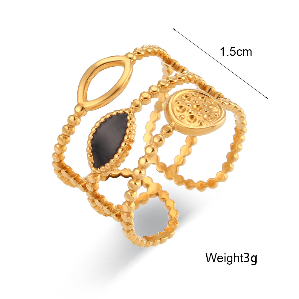 Enamel Black | 18k Gold over No Fade Stainless Steel Hollow Adjustable Rings