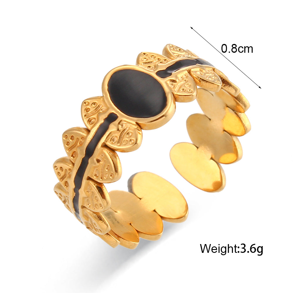 Enamel Black | 18k Gold over No Fade Stainless Steel Hollow Adjustable Rings