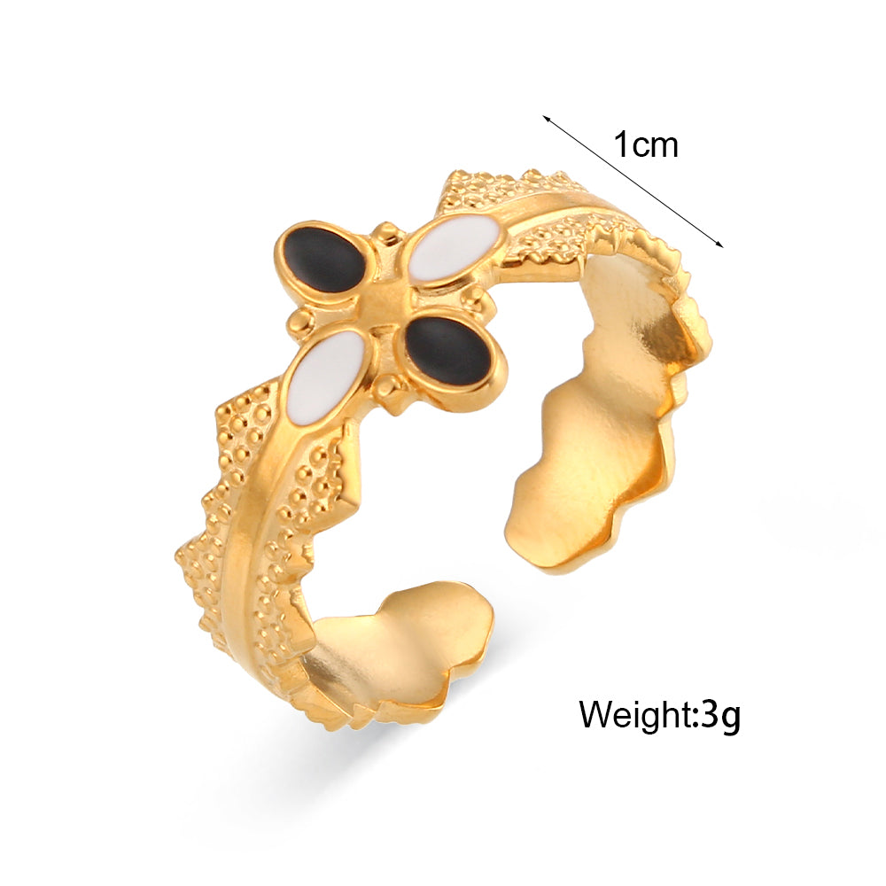Enamel Black | 18k Gold over No Fade Stainless Steel Hollow Adjustable Rings