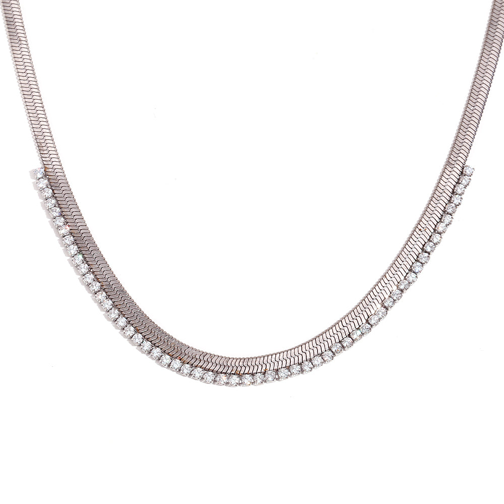 VVS Herringbone | Women's 18k Gold over Stainless Steel Diamond CZ Herringbone Chain Necklaces