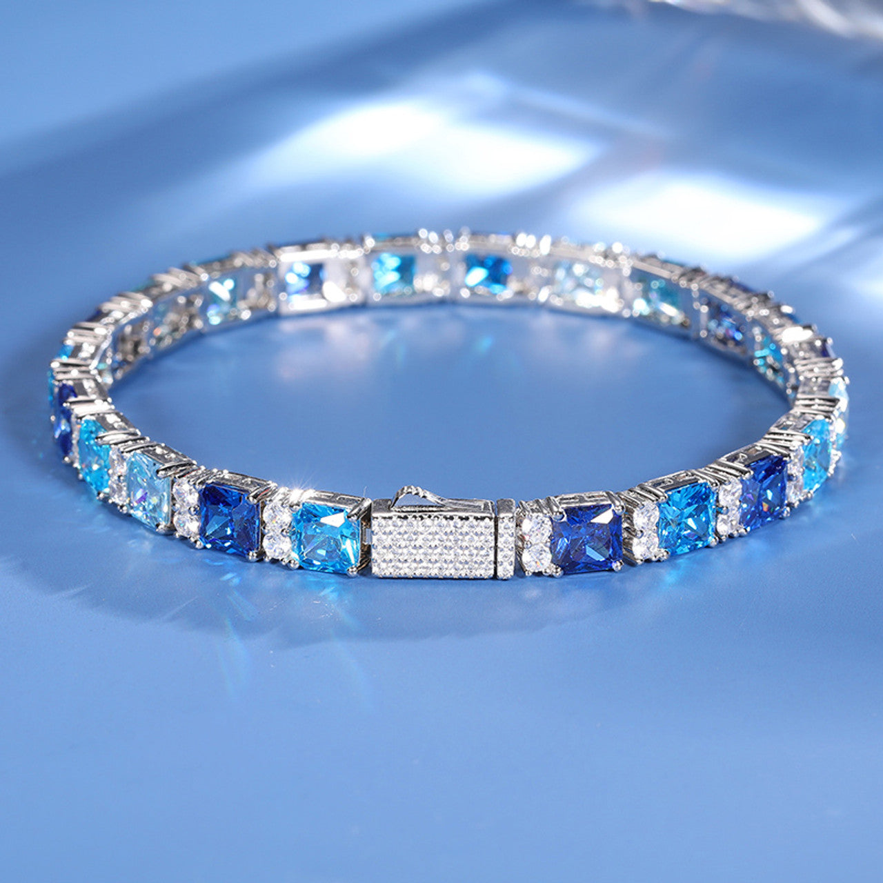 Aqua Squares | VVS Diamond CZ Solid 925 Sterling Silver Blue Square Tennis Bracelet