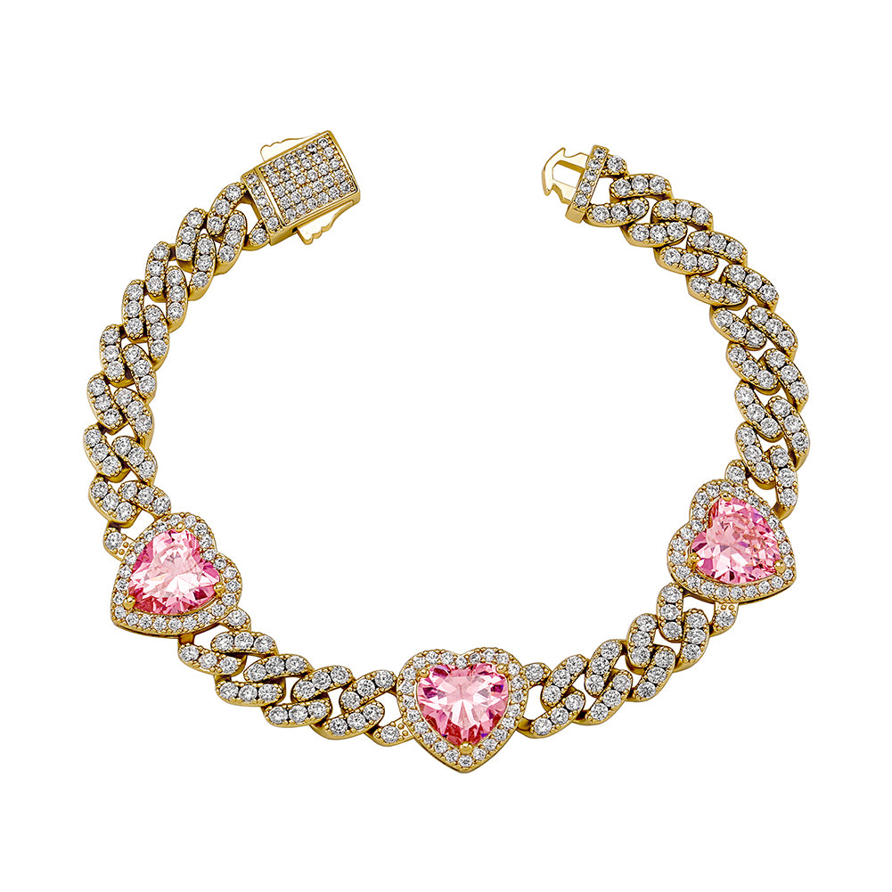 Pink Desire | New 8MM VVS Diamond CZ Cuban Link Pink Heart Bling Gemstone Bracelet