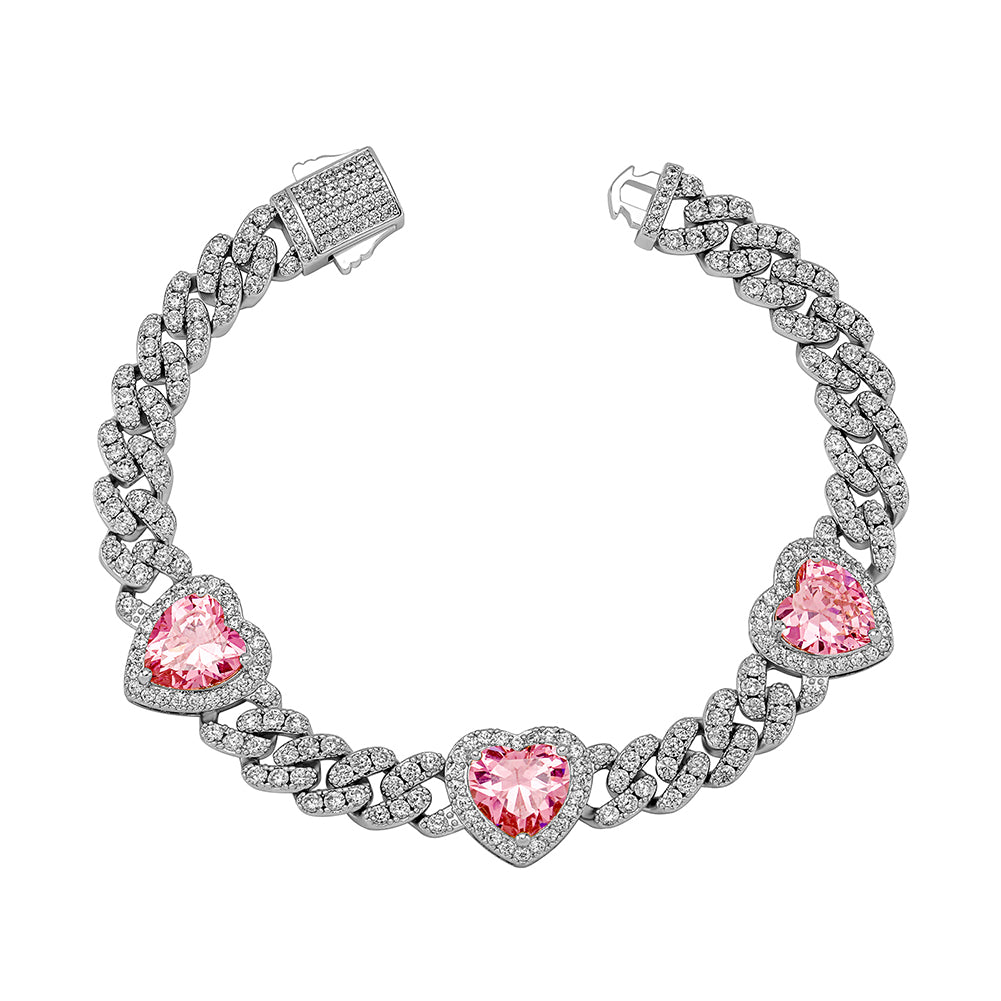 Pink Desire | New 8MM VVS Diamond CZ Cuban Link Pink Heart Bling Gemstone Bracelet