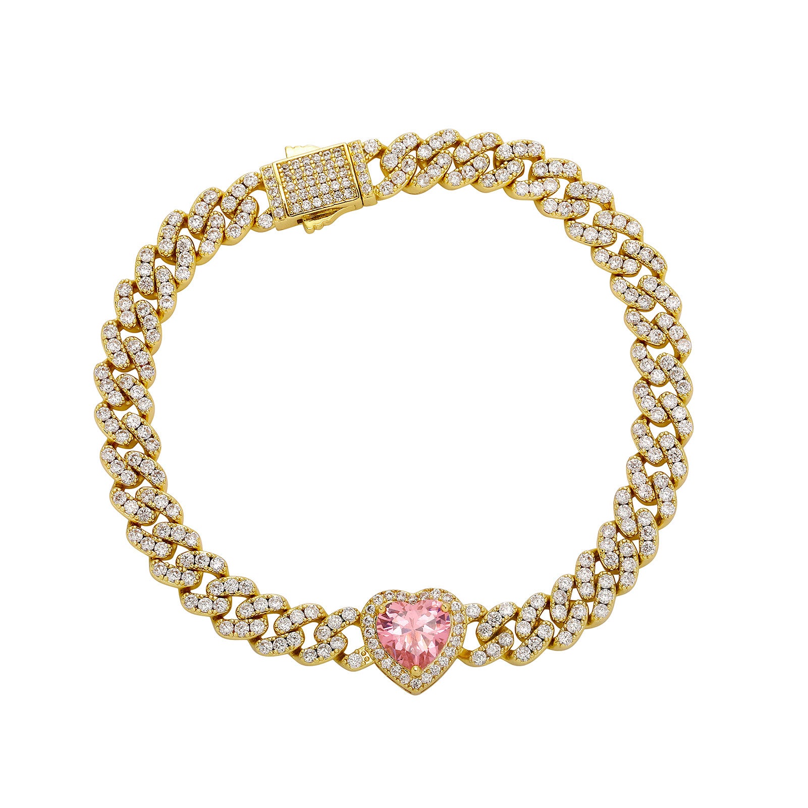 Pink Desire | New 8MM VVS Diamond CZ Cuban Link Pink Heart Bling Gemstone Bracelet