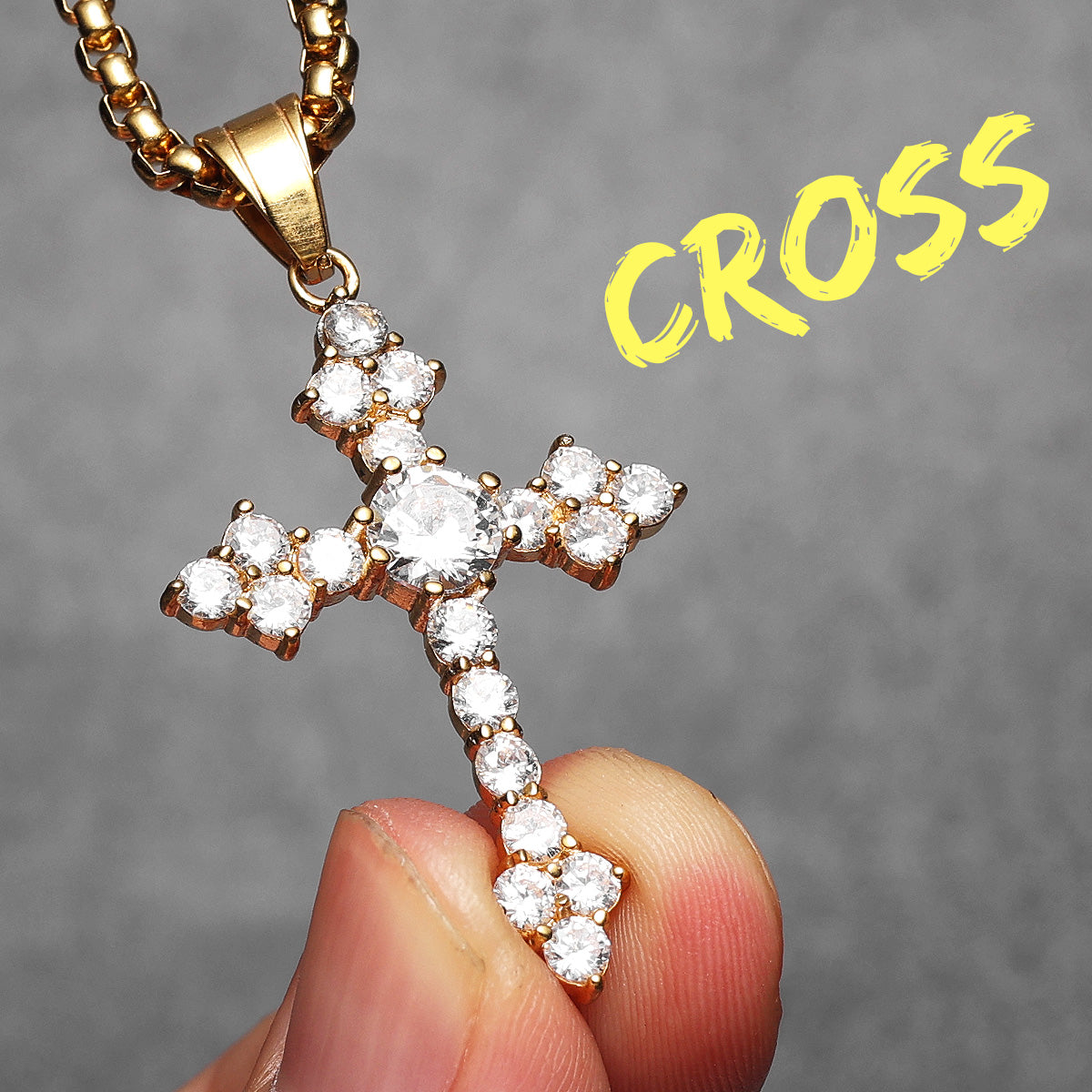 Gemstone Simple Cross | No Fade Stainless Steel Iced CZ Stone 14k Gold Bling Cross Pendant