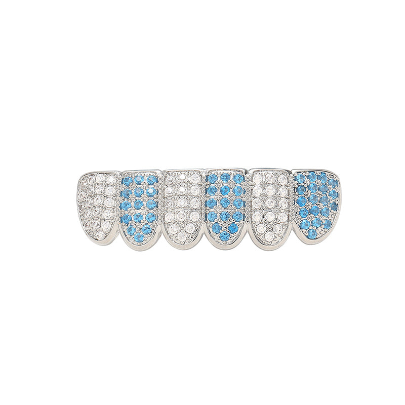 Blue Ice | VVS Diamond CZ Hip Hop Paved Iced Blinged Out Top Bottom Teeth Grillz Set