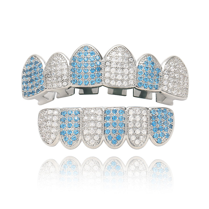 Blue Ice | VVS Diamond CZ Hip Hop Paved Iced Blinged Out Top Bottom Teeth Grillz Set