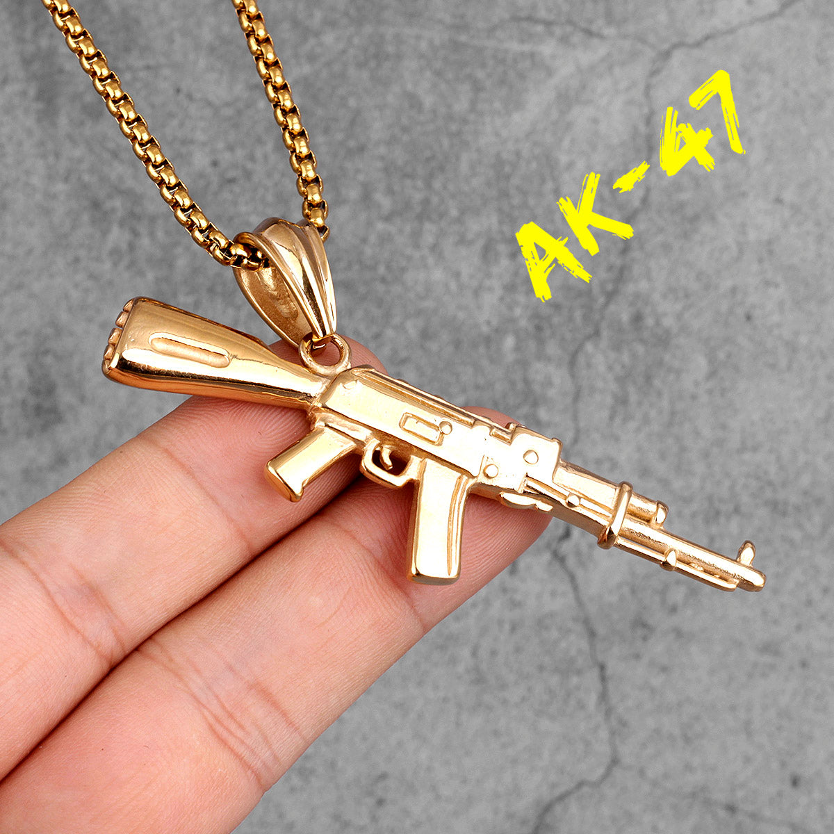 AK47 | No Fade 316L Stainless Steel Hip Hop 14k Gold Men's Gun Pendant Chain